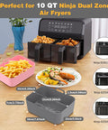 2 Pack 10 Qt Silicone Air Fryer Liners For Ninja DZ401 DZ550 Dual Zone Reusable Rectangular Pot Inserts in gray and pink