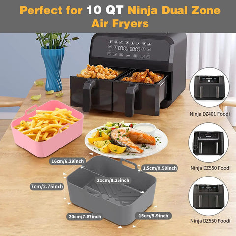 2 Pack 10 Qt Silicone Air Fryer Liners For Ninja DZ401 DZ550 Dual Zone Reusable Rectangular Pot Inserts in gray and pink