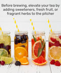 Generous 3 Quart White Stainless Steel Iced Tea And Cold Brew Coffee Brewing Pitcher With Adjustable Strength Dial and Removable Infuser Chamber contains fruit-infused beverages.