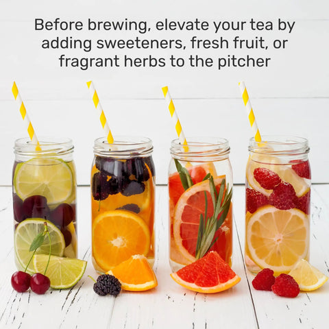 Generous 3 Quart White Stainless Steel Iced Tea And Cold Brew Coffee Brewing Pitcher With Adjustable Strength Dial and Removable Infuser Chamber contains fruit-infused beverages.