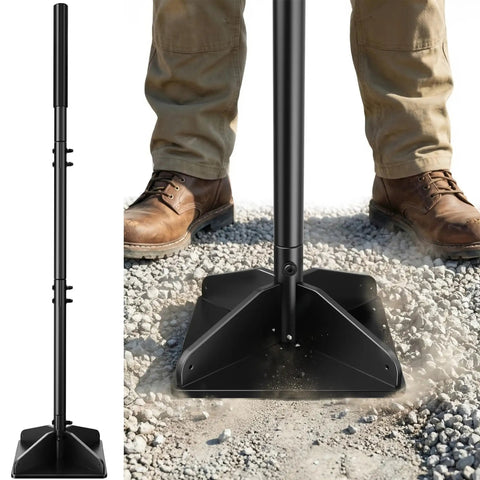 Heavy Duty Steel Garden Tamper With 48 Inch Handle And Rubber Grip For Soil Gravel Asphalt And Lawn A True Workhorse displayed in use