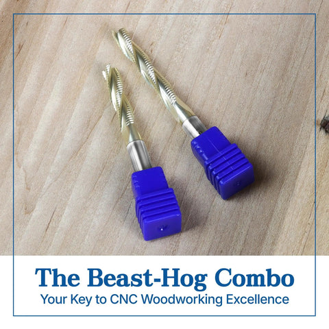 Beast And Hog Roughing Router Bit Combo Set With Quarter Inch Shank on wooden background, perfect for CNC woodworking.