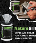 NatureGrit Hand & Surface Wipes canister with green/black label; 72 wipes per canister; box of 6