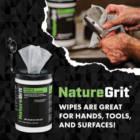 NatureGrit Hand & Surface Wipes canister, 72-count, black container with green label for mechanics