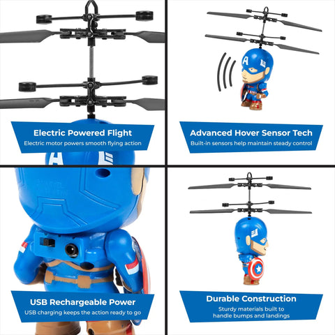 Captain America Big Head Helicopter Toy With Motion Sensors For Kids 6 And Up Official Marvel Licensed Flying Toy, detail view