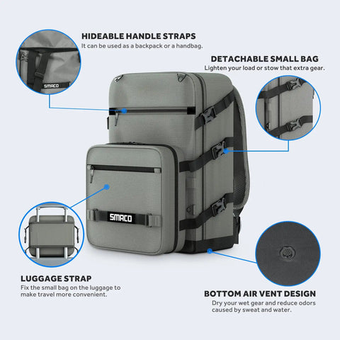 Scuba Diving Backpack With Detachable Small Bag For Travel Holds Mini Scuba Tanks, Mask, Snorkel, Fins, And More Dry Dive Gear Organizer