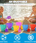 Kids playing with 12 Pack 5 Inch Beach Buckets With Shovels Set For Kids Colorful Sand Pails Water Buckets Beach Toys on the beach