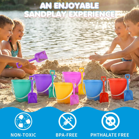 Kids playing with 12 Pack 5 Inch Beach Buckets With Shovels Set For Kids Colorful Sand Pails Water Buckets Beach Toys on the beach