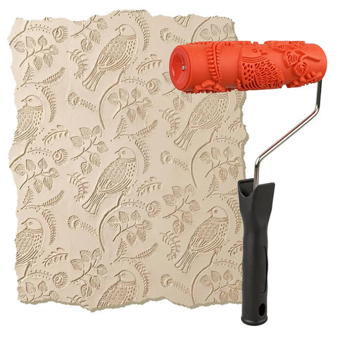 7 Inch Soft Rubber Embossing Paint Roller For Seamless Wall Texturing With Comfort Grip and Reusable Build alongside bird pattern texture.