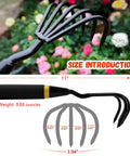Five Claw Hand Rake and Weeder Cultivator for Small Gardens, heavy duty stainless steel tines, ergonomic handle, size details shown