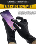 Person using smartphone while wearing Heavy Duty Black Nitrile Disposable Gloves 6 Mil Extra Thick Latex Free Powder Free Textured Grip Food Safe.