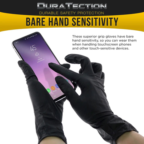 Person using smartphone while wearing Heavy Duty Black Nitrile Disposable Gloves 6 Mil Extra Thick Latex Free Powder Free Textured Grip Food Safe.