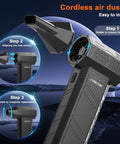 Close-up of Beast Mode Rechargeable Electric Air Duster with Brushless Motor and nozzle installation steps.