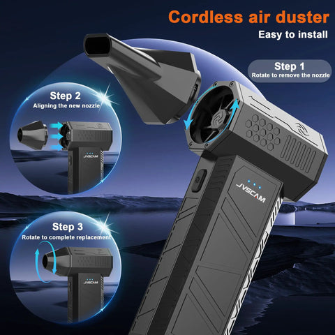 Close-up of Beast Mode Rechargeable Electric Air Duster with Brushless Motor and nozzle installation steps.