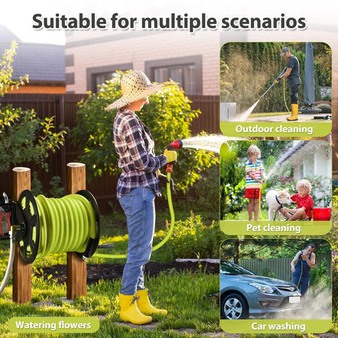 Heavy Duty Wall Mounted Garden Hose Reel, Metal Construction, Holds 125 Feet Of 5 8 Inch Hose, woman watering flowers
