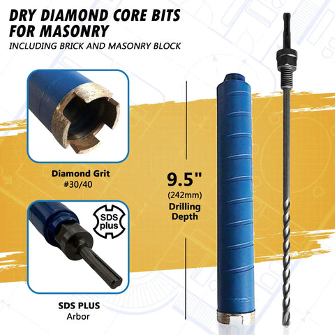 1-1/2 Inch Diamond Dry Core Bit For Brick And Block With SDS Plus Pilot Bit Adapter And 9.5 Inch Drilling Depth For Wet Or Dry Use