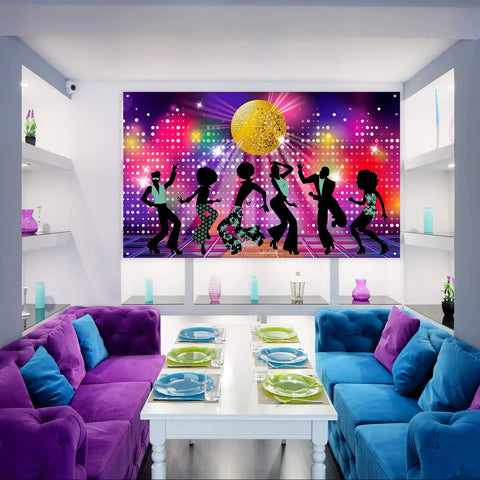 Room with vibrant Throwback Disco Backdrop For 70s 80s 90s Parties, Neon Night Photo Booth Background Banner, Large 72.8 x 43.3 Inches