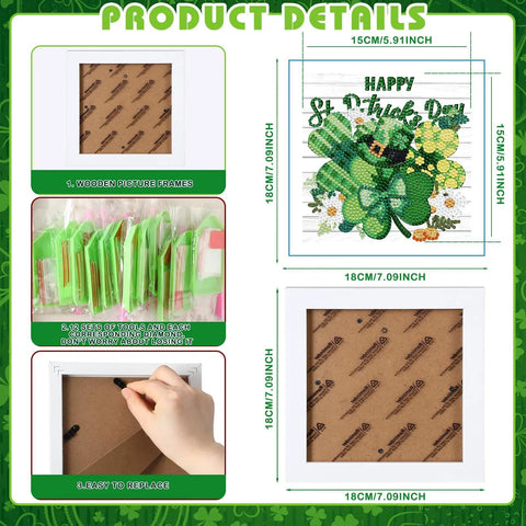 13 Piece Interchangeable Holiday Diamond Art Kit Set For Adults With Framed 5D Full Drill Gems Dope Seasonal DIY Craft Gift Includes Tools And Frames For Beginners Or Monthly Table Decor showing wooden frames and St. Patrick's Day design.