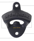 Twenty Four Pack Matte Black Cast Iron Bottle Opener Wall Mounted Heavy Duty Steel Cap Remover Hanging Bar Supplies With Mounting Studs For Kitchen Pub And Game Room Built Like A Tank Setup detailed angle view with dimensions.