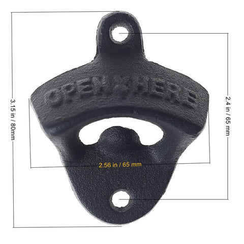 Twenty Four Pack Matte Black Cast Iron Bottle Opener Wall Mounted Heavy Duty Steel Cap Remover Hanging Bar Supplies With Mounting Studs For Kitchen Pub And Game Room Built Like A Tank Setup detailed angle view with dimensions.