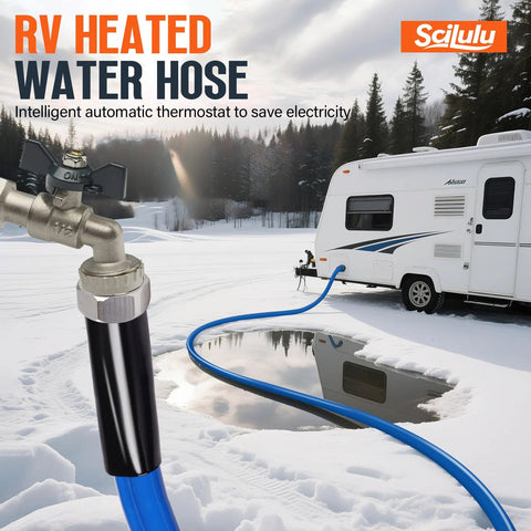 Scilulu 30ft heated RV water hose, blue hose connected to a camper in snowy landscape