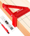 Mini 3D Multi Angle Measuring Square Ruler for Woodworking Pro Grade 0 to 90 Degree Carpenter Square Aluminum Alloy Layout Tool with Imperial Scales Scribing Holes and Pencil Refills Included, shown on a wooden block.