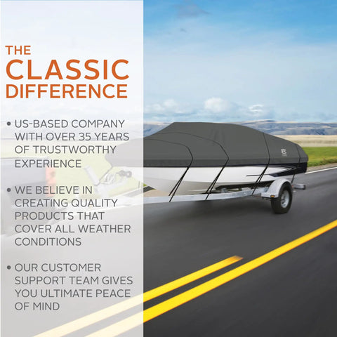 Boat on highway covered with heavy-duty ski & wakeboard tower cover in all-weather range