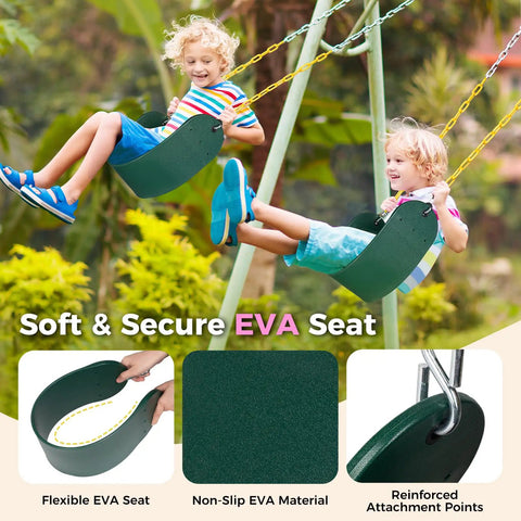 Two Pack Outdoor Swing Seats With 66 Inch Rust Resistant Heavy Duty Chains For Backyard Playground Replacement Anti Slip EVA Seats Supports Up To 330 Lb For Kids And Adults Green, showing two children swinging on green EVA seats.