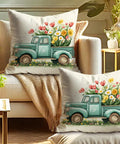 Truck Floral Pillow Covers Set Of 2 In Aqua Blue Velvet For Couch Or Bed, Vintage Pickup Flower Cushions displayed on a couch