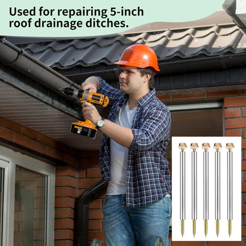 Worker installing All In One 30 Pack 304 Stainless Steel Gutter Fasteners with 7 Inch Screws, Spikes, Nails and Metal Ferrules