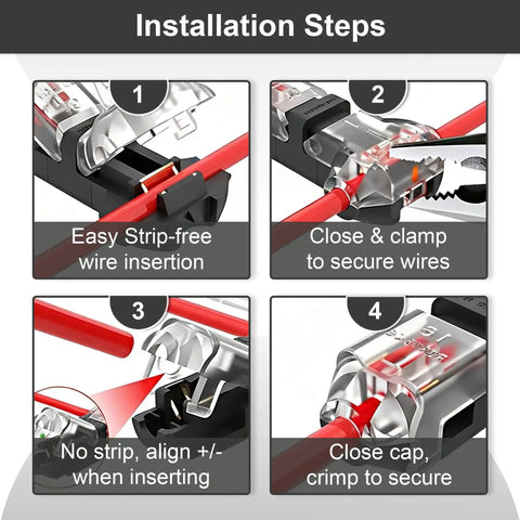 Installation steps for 80 Pack T1 And T2 T Tap Wire Connectors 16 To 20 Gauge Solderless No Fuss Design.