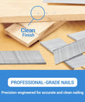 Code Compliant Heavy Duty 16 Gauge Finish Nails 2 Inch Galvanized Steel arranged on wood for clean finishing in trim work.