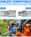Flat Face Hydraulic Quick Connect Fittings Set One Quarter Inch NPT Dust Caps Included Universal Bobcat Style ISO 16028 Two Pack 1/4 Inch Body in use on equipment