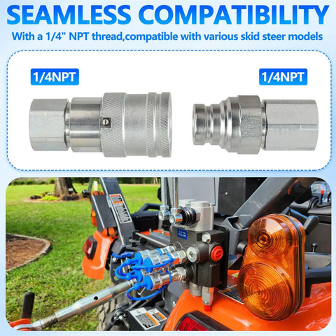 Flat Face Hydraulic Quick Connect Fittings Set One Quarter Inch NPT Dust Caps Included Universal Bobcat Style ISO 16028 Two Pack 1/4 Inch Body in use on equipment