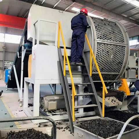 No Nonsense Commercial Dual Rotor Tire Volume Reducer With High Torque Two Shaft Setup for Heavy Duty Shredding and Fast Waste Reduction in operation.