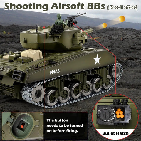 1 To 18 Scale RC M4A3 Sherman Tank With Alloy Tracks, BB Firing Action, Smoke, Lights And Dope Sound, Realistic Military Toy