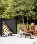 4 Foot Firewood Rack With Weatherproof Cover and logs next to people around fire pit outdoors