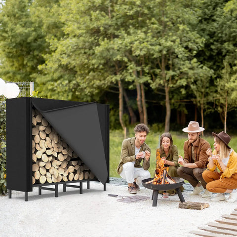 4 Foot Firewood Rack With Weatherproof Cover and logs next to people around fire pit outdoors
