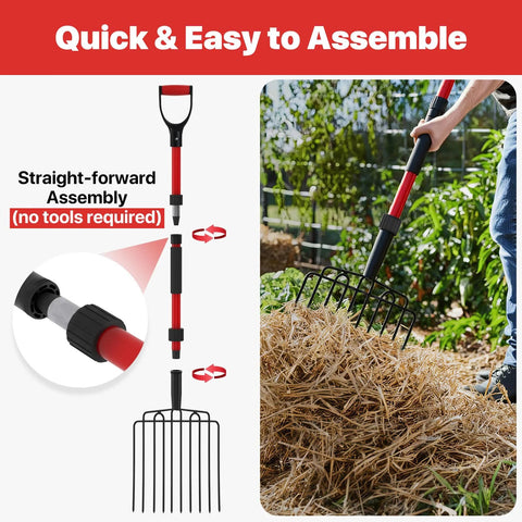 COSITA garden pitch fork, red fiberglass handle, 10 metal tines, 44-inch length, front view.