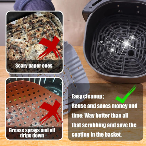 Square 7 Inch Silicone Liners For Air Fryer 2 Pack Nonstick shown with easy cleanup replacing messy paper and oil drips