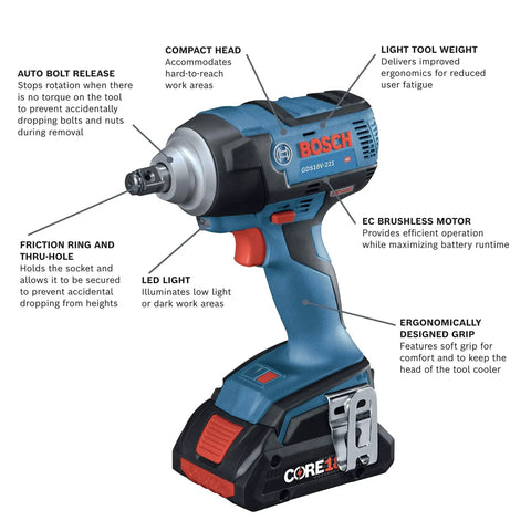 18V EC Brushless Half Inch Impact Wrench With Friction Ring And Through Hole Bare Tool Delivers Beast Power Up To 221 Ft-Lbs Torque features diagram