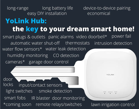 YoLink Hub with smart home features listed, compatible with Weatherproof Temp Sensor With Probe For Fluid, Air And Surface