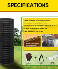 Heavy Duty 17 Gauge Black Vinyl Coated Hardware Cloth 1x48x100Ft specifications with roll dimensions and accessories displayed