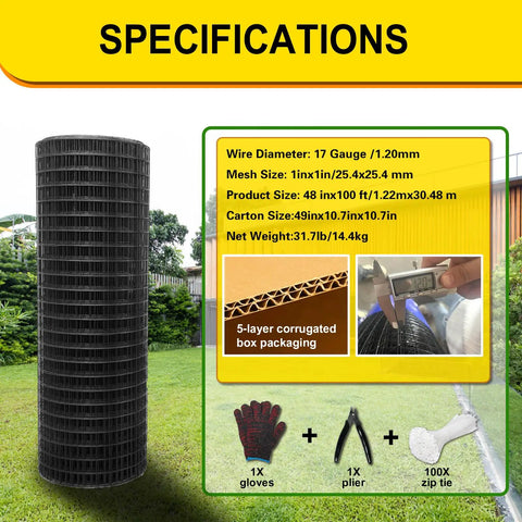 Heavy Duty 17 Gauge Black Vinyl Coated Hardware Cloth 1x48x100Ft specifications with roll dimensions and accessories displayed