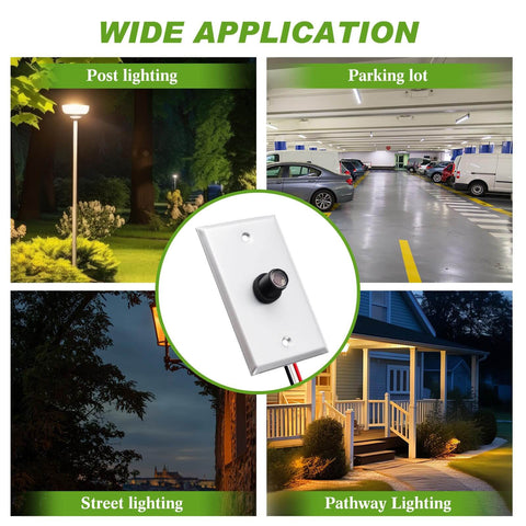 Wide application of Two Pack Photocell Sensor Kit for Outdoor Lights With Wall Plate, showing use in various outdoor settings