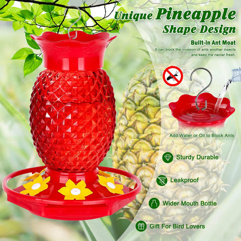 Red Glass Pineapple Hummingbird Feeder With Six Flower Ports 16 Oz Two Pack Leakproof And Easy To Clean 360 Degree Perch