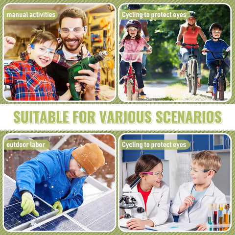 100 Pack Kids Safety Glasses Bulk Set for Lab, Sports, and Shooting, children wearing goggles in various activities