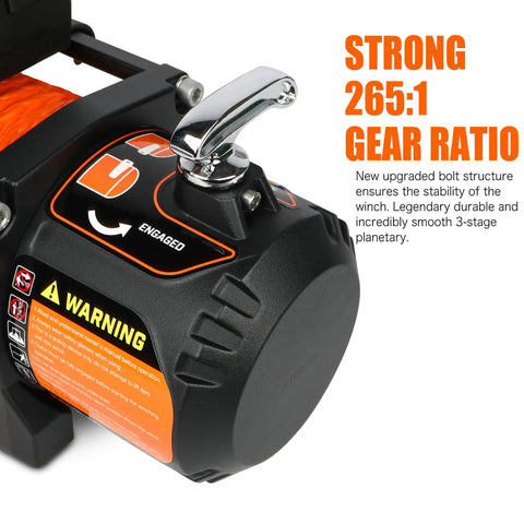 Electric winch gear mechanism showing 265:1 gear ratio for stability, part of 13000 Lbs Electric Winch With Synthetic Rope Fits Jeep Truck.