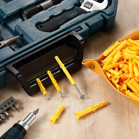 200 Piece Yellow Drywall Anchors Kit In 5 Sizes For Drywall Hanging And Mounting At Home Or Office with tools on table