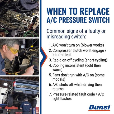 Mechanic diagnosing AC High Pressure Sensor Switch 13587668 for Buick Cadillac Chevrolet GMC with common fault signs listed
